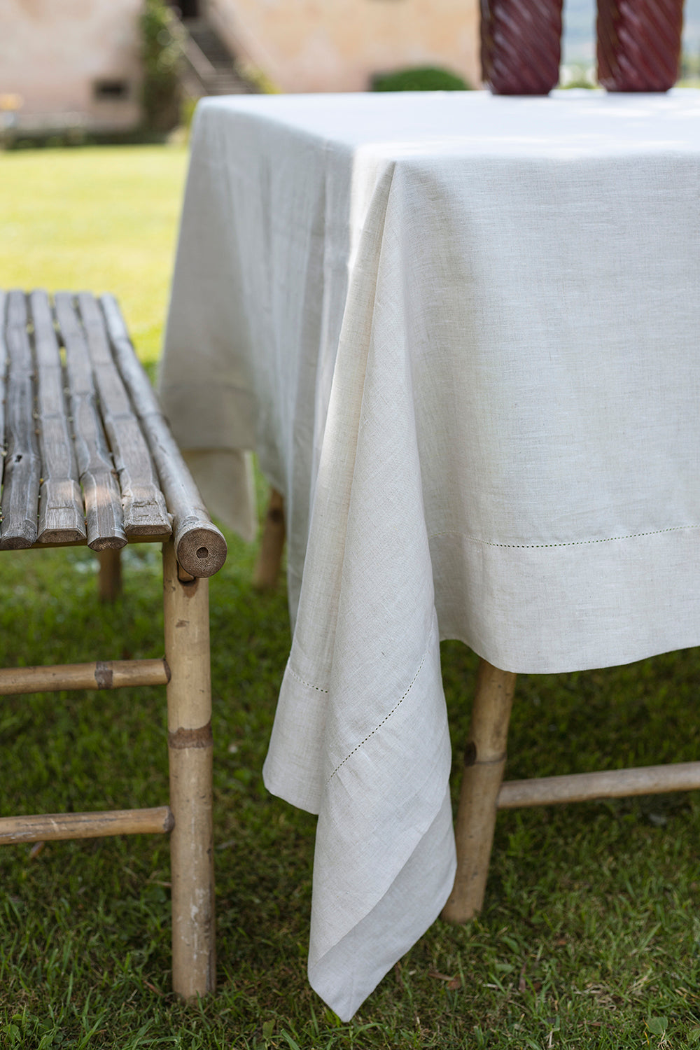 Beige linen tablecloth with Ajour hem